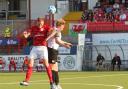 Action from Bala Town's tie with Larne last summer