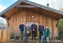 Dr James Davies, Darren Millar and Gareth Davies at the Woodland Skills Centre in Bodfari with Lee Oliver and Rod Waterfield