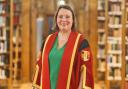 Actress and writer Joanna Scanlan accepting an Honorary Degree from Bangor University for her outstanding Contributions to Popular Entertainment and Learning through the Media
