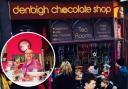 Denbigh Chocolate Shop and inset, cllr Mark Young
