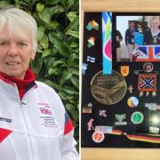 Brenda Roberts in her British kit and, right, a selection of medals she has won at previous World Transplant Games.