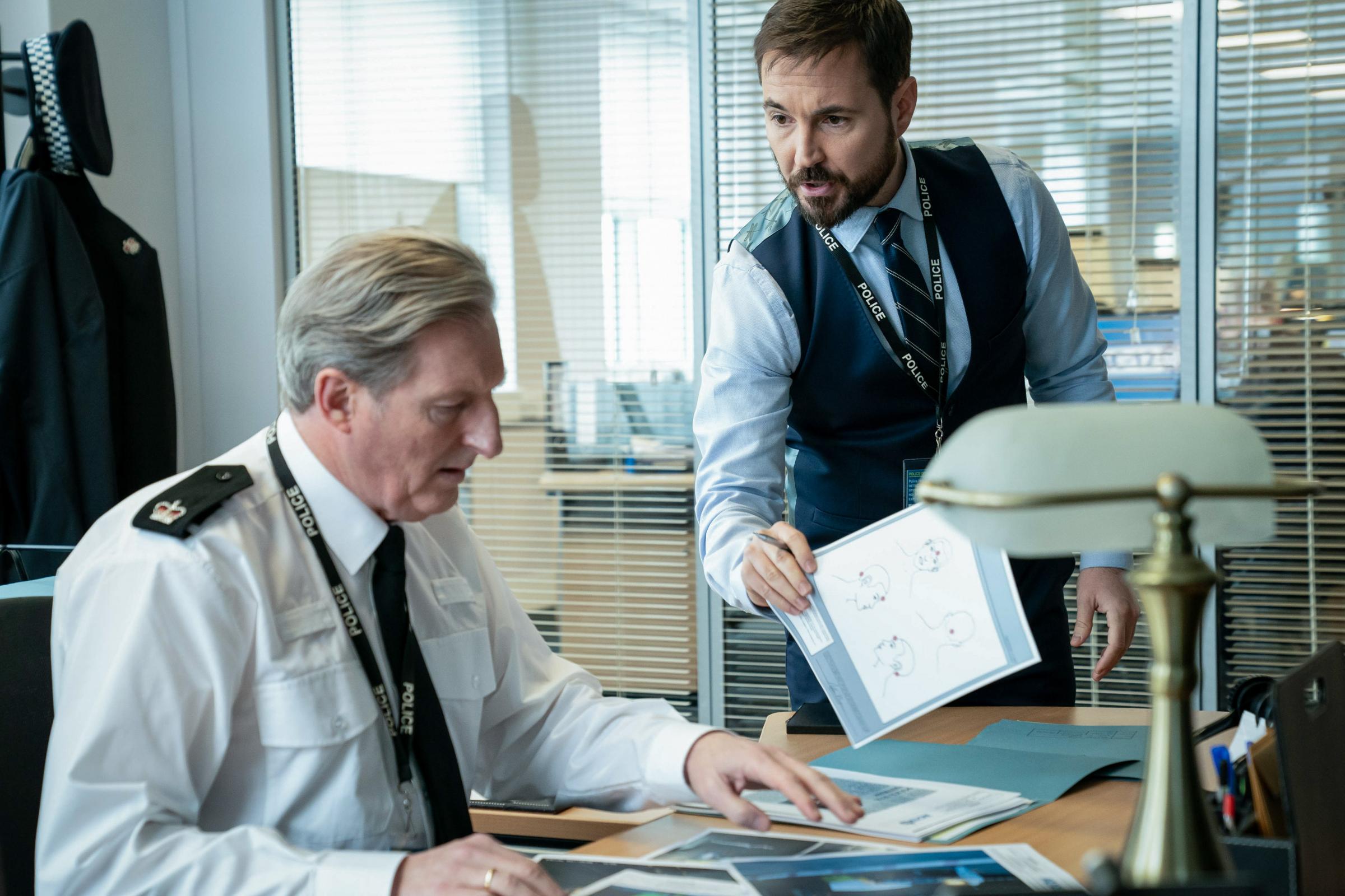 Undated BBC Handout Photo from Line of Duty. Pictured: Adrian Dunbar as Superintendent Ted Hastings, Martin Compston as DS Steve Arnott. See PA Feature SHOWBIZ TV Line Of Duty. Picture credit: PA Photo/BBC/World Productions/Steffan Hill. 