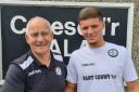 Oliver Southern with Bala Town’s Nigel Aykroyd. PIC: Bala Town FC
