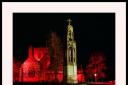 St Asaph Cathedral illuminated red for Armistice. Photo Chris V Evans.