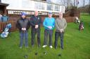 Ruthin-Pwllglas captain Vince Gill, second right, at his drive-in with, from left, vice-captain Gary Teeson, DGU captain Jonathan Tym and club chairman Ian Vaughan Evans.