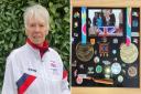 Brenda Roberts in her British kit and, right, a selection of medals she has won at previous World Transplant Games.