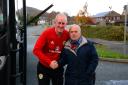 Cliff Kearns pictured in 2018 carrying out his Denbigh Town FC ambassador role to welcome Scotland U19s coach Billy Stark to the club