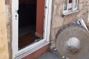 Main image of the smashed door of the property / Inset of suspected drugs
