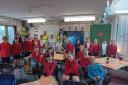 John Andrew Jones and Jack Tweedie, joined Cllr Anne Roberts at Ysgol Borthyn to speak to pupils from Years 5 and 6.