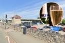 Tesco in Holywell (Google) and, inset, a stock image of champagne (Canva)