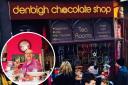 Denbigh Chocolate Shop and inset, cllr Mark Young