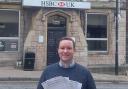 Gareth Davies MS with petitions outside Denbigh's HSBC branch