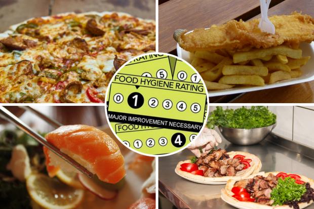 Photos of food via Canva/Pixabay. Centre image shows an example of a 1 food hygiene rating sticker.