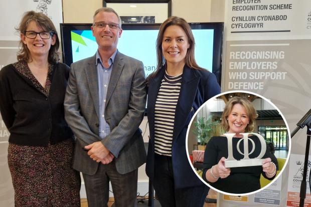IoD chief economist Kitty Usher, North Wales IoD chair David Roberts and Ambition North Wales portfolio director Alwen Williams, and inset, Joanna Swash, Group CEO of Moneypenny, with her Director of the Year 2021 for Corporate Responsibility award.