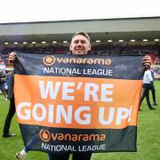Hartlepool United manager Dave Challinor celebrates after winning the shoot-out and promotion after the Vanarama National League play-off final at Ashton Gate, Bristol.