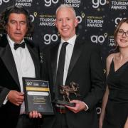 Go Self Catering of the Year award, sponsored by Pario Leisure Group, went to Rivercatcher, Corwen. Sponsor Wyn Williams is pictured with Andy Franks and Emily Childs