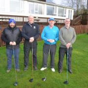 Ruthin-Pwllglas captain Vince Gill, second right, at his drive-in with, from left, vice-captain Gary Teeson, DGU captain Jonathan Tym and club chairman Ian Vaughan Evans.