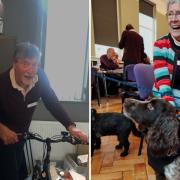 Tim Cook, bike repair fixpert, with the 500th item and, right, Sylvia Coles, sewing fixpert, with Monty the dog and his repaired jacket