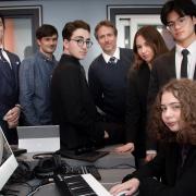 Turkish sixth formers Ekin Karabagli and Zeynep Sener, with, from left, music assistant Oliver Lin, music technician Danny Cattell, musician Ed Brookes, and students Austin Li and Aderyn Lloyd and, inset, Sioned Terry.