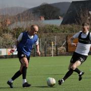 Kieran Smith and Chris Venables during the warm-up. Picture: Bala Town FC