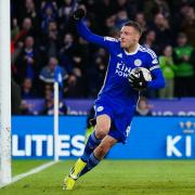 Leicester City's Jamie Vardy celebrates scoring their side's first goal during the Sky Bet Championship match at the King Power Stadium, Leicester. Picture date: Saturday February 17, 2024. PA Photo. See PA story SOCCER Leicester. Photo credit