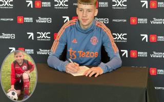 Louie Bradbury has signed a four-year deal with Manchester United and, inset, playing for Corwen juniors