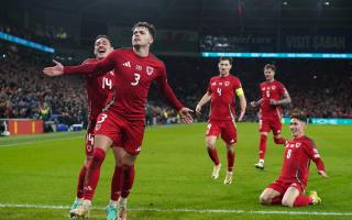 Neco Williams (second left) celebrates after scoring Wales’ second goal in their 4-1 Euro 2024 play-off victory over Finland.